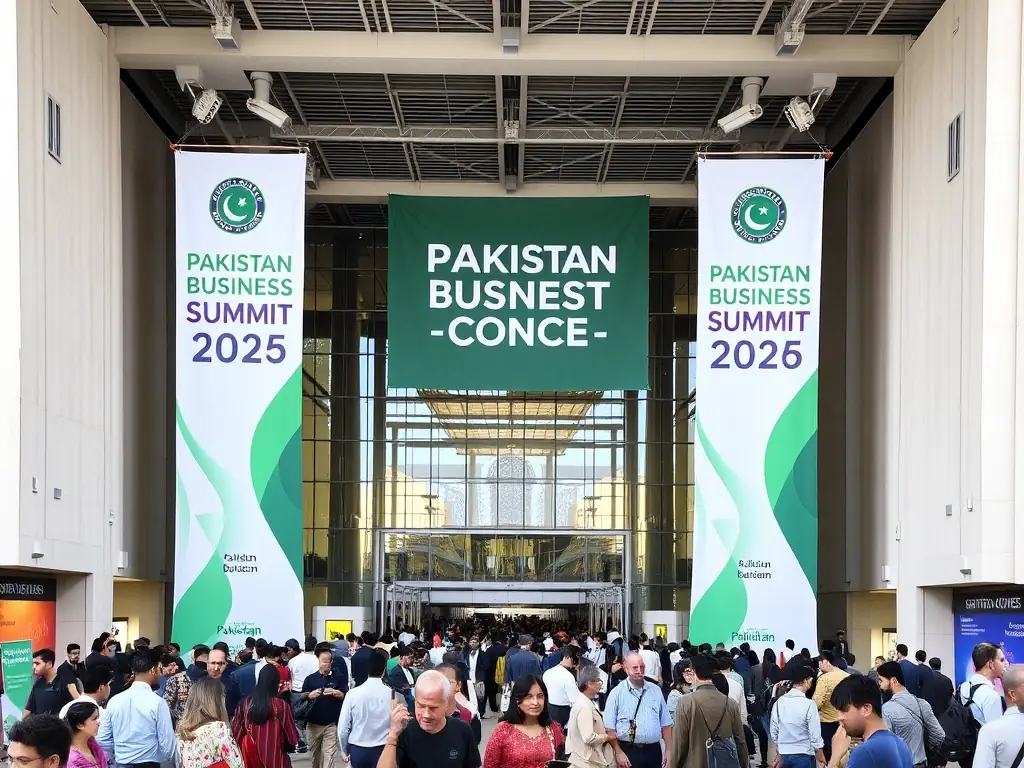 A photograph of the 'Pakistan Business Summit 2026' conference venue, showing the exterior of the convention center with banners promoting the event and attendees arriving.